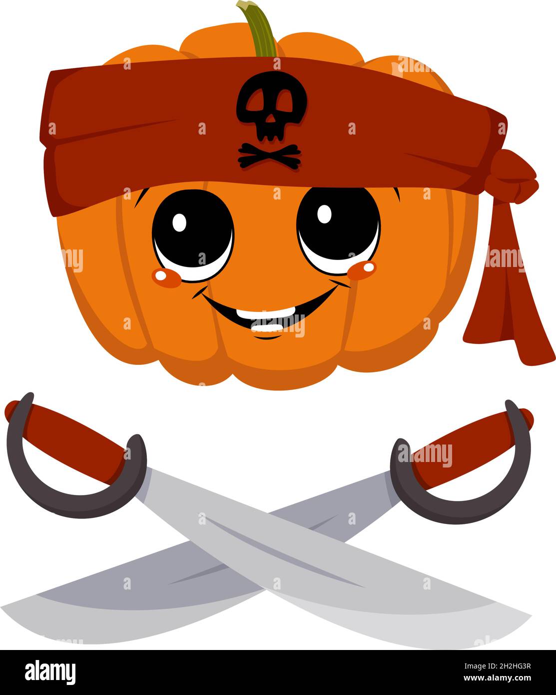 Niedlicher Kürbis-Charakter mit fröhlichen Emotionen, Gesicht, großen Augen und breitem Lächeln in Bandana mit Totenkopf und gekreuzten Säbeln. Halloween Party Dekoration. Schelmische Gemüsehelden Stock Vektor