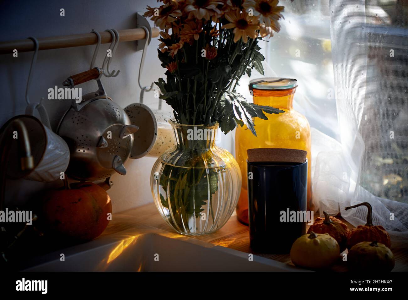 Ein Strauß Gänseblümchen steht in der Küche neben dem Waschbecken. Licht aus einem großen Fenster. Gemütliches rustikales Ambiente Stockfoto