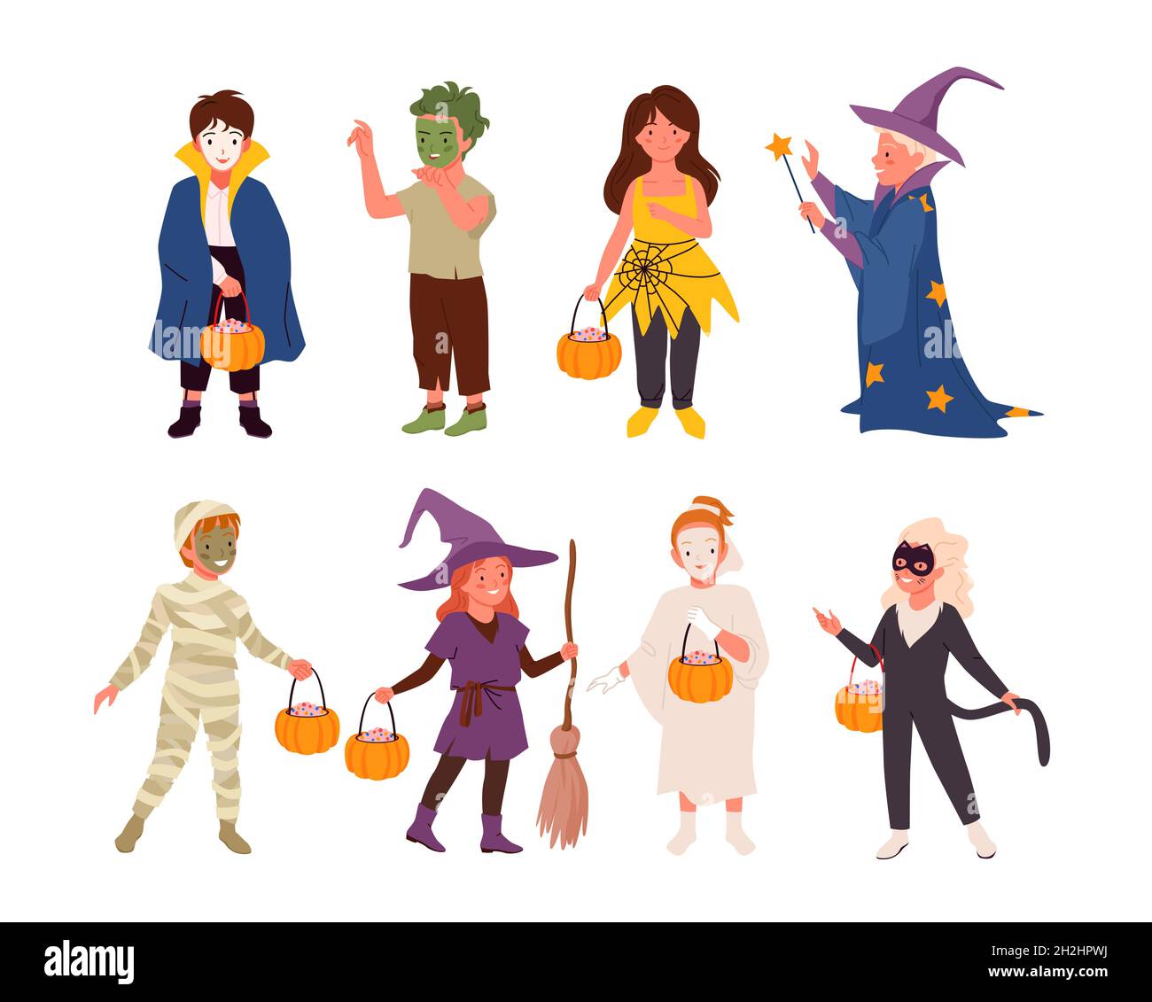 Cartoon niedliche Mädchen Jungen in lustigen Monster Kostüme halten behandeln Kürbis in den Händen auf Halloween Spaß Urlaub isoliert auf weiß. Halloween Party Kind Zeichen gesetzt, glücklich Kinder Vektor Illustration Stock Vektor