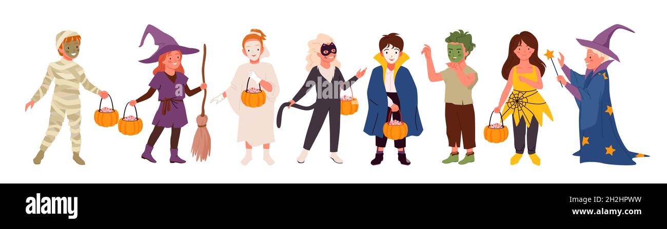 Halloween Party Kind Zeichen gesetzt, glücklich Kinder Vektor Illustration. Cartoon niedliche Mädchen Jungen in lustigen Monster Kostüme halten behandeln Kürbis in den Händen auf Halloween Spaß Urlaub isoliert auf weiß Stock Vektor