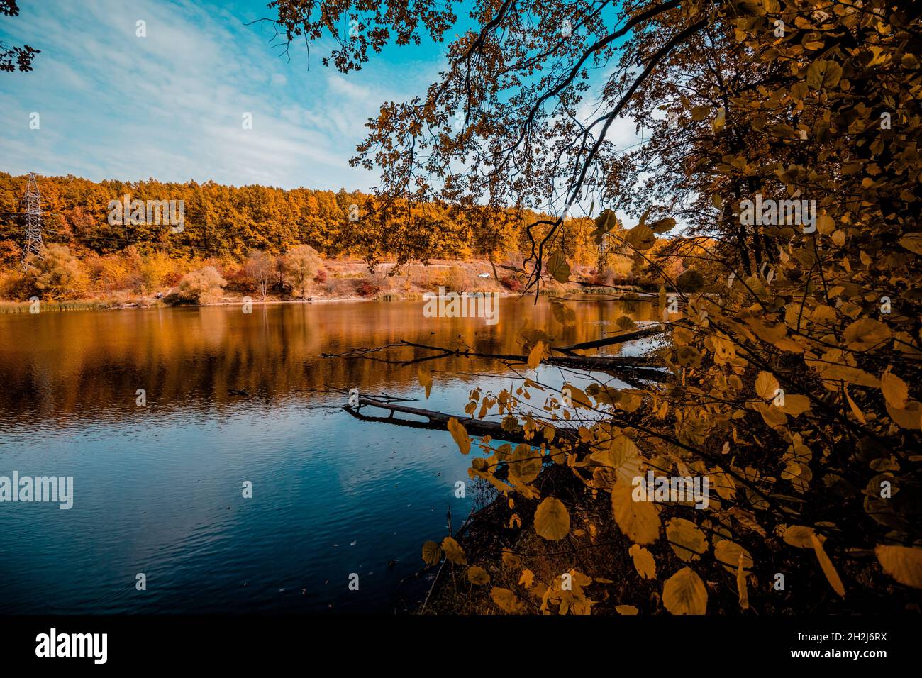 Panorama-Herbstlandschaft. Sauberer, transparenter See mit einem Wald am Ufer. Stockfoto