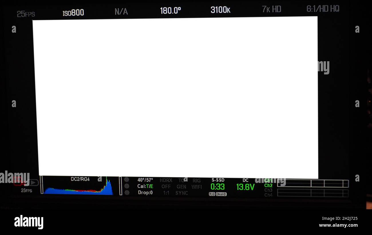 Bildschirm für die Videoaufzeichnung. Professioneller Sucher auf dem Monitor. Bildschirm mit Status der rot-grün-blauen Farbgrafik FPS und ISO-Nummer Stockfoto