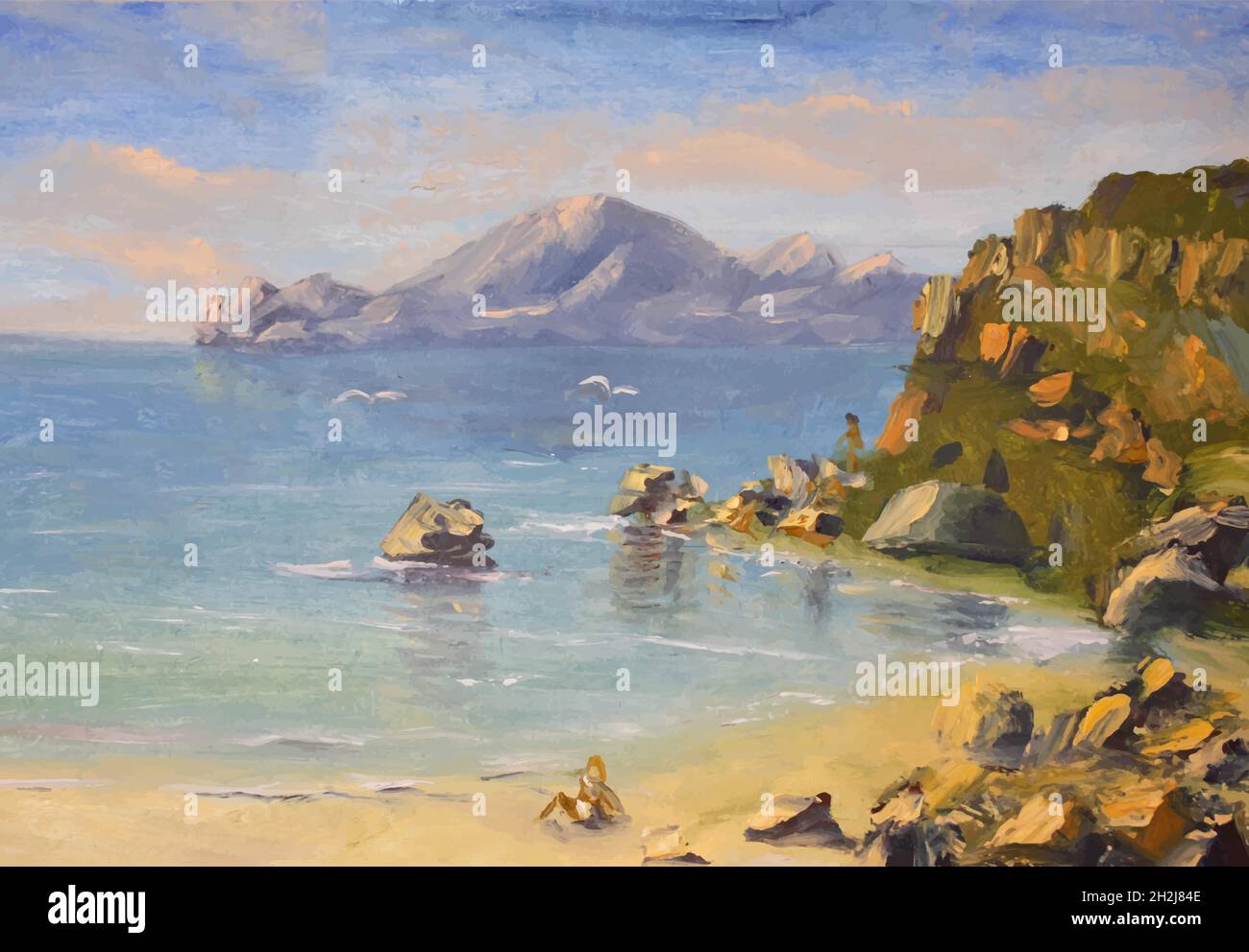 Realistische Ölgemälde, Sommerlandschaft des Meeres, der Berge und des Strandes. Vektorgrafik Stock Vektor