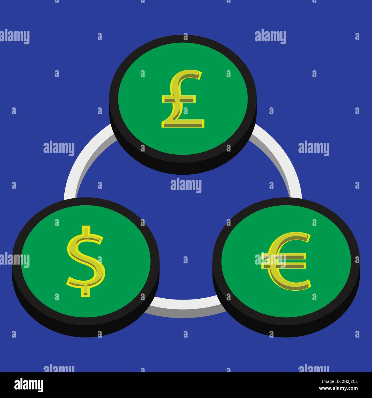 Wechselkurse zwischen US-Dollar, Euro und Pfund und Yen zirkuläres 3D-Diagramm Stock Vektor