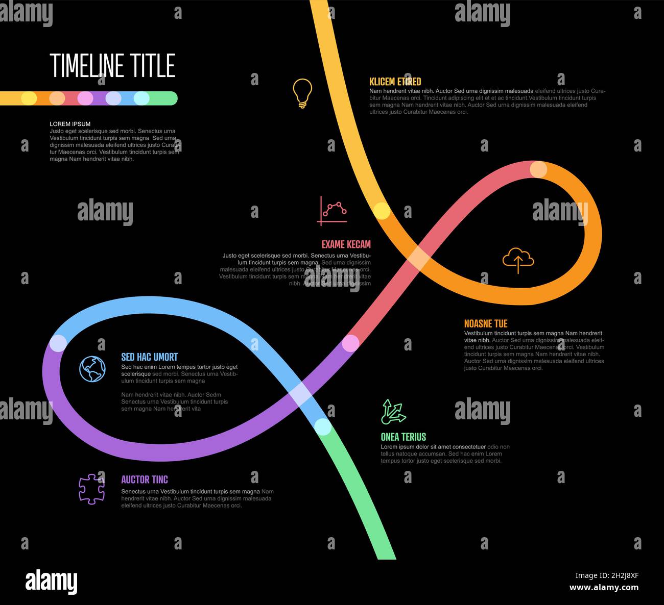 Vektor-Infografik Firmenmeilensteine gekrümmte Zeitleiste mit Twirl-Vorlage. Dunkle dicke Marker Twist Zeitlinie Vorlage Version mit Symbolen. Dicke Farbe Stock Vektor
