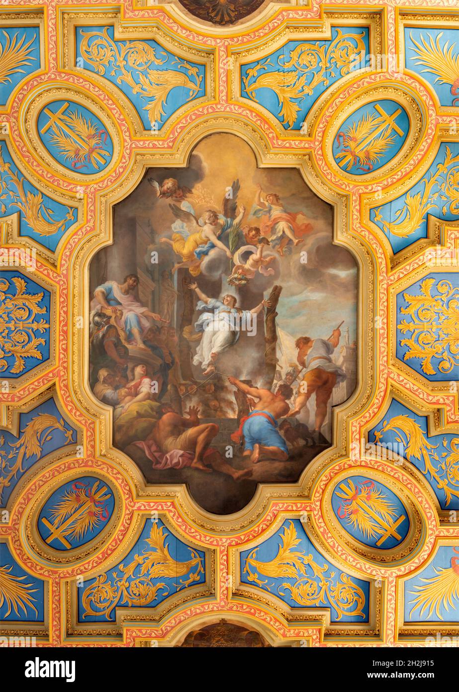 ROM, ITALIEN - 2. SEPTEMBER 2021: Fresko des Martirdoms der Hl. Anastasia von Sirmio an der Decke der Kirche Basilica di Santa Anastasia Stockfoto