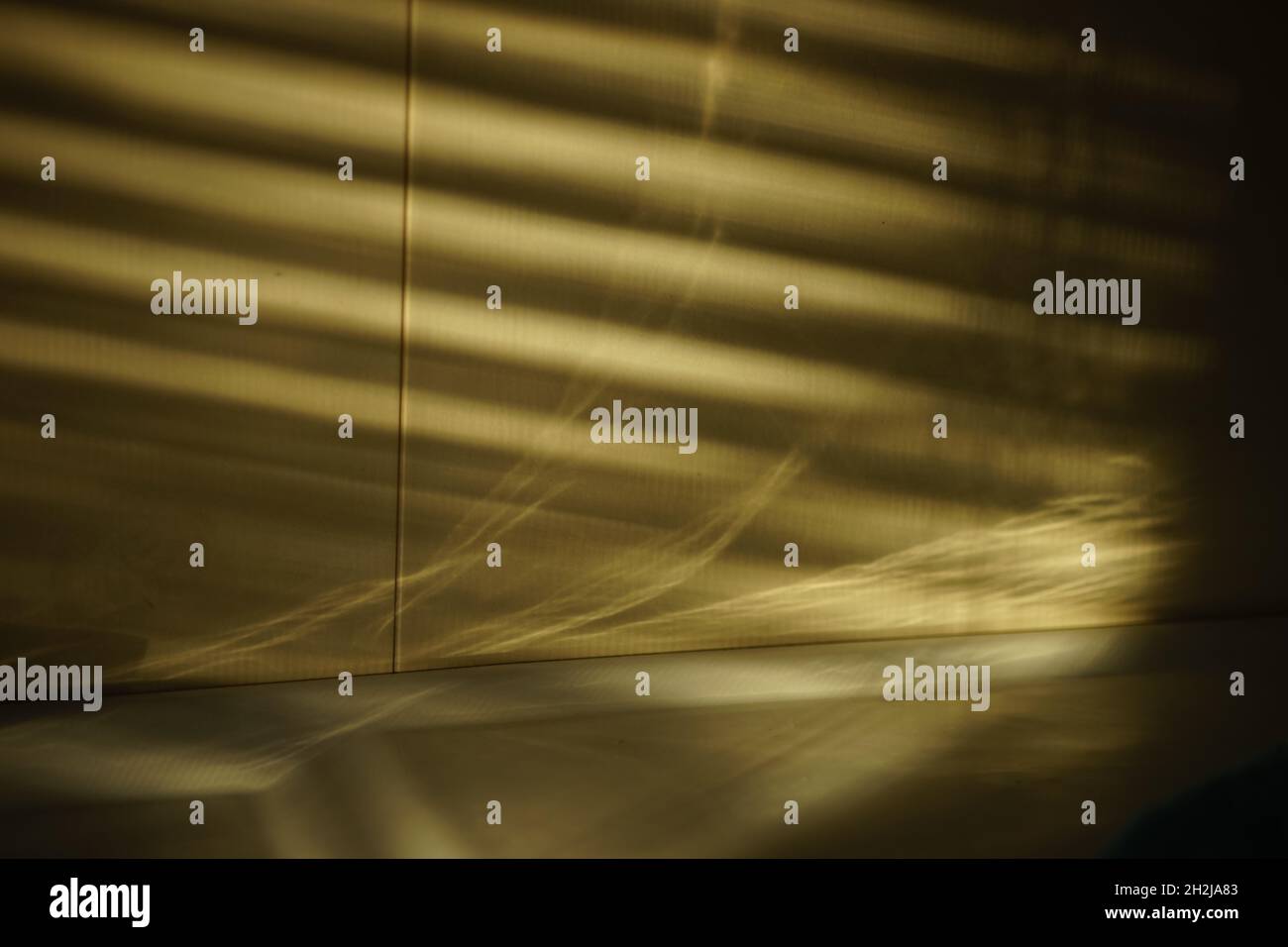 Wand mit goldenem Licht und schwarzen Schatten von Jalousien. Stockfoto