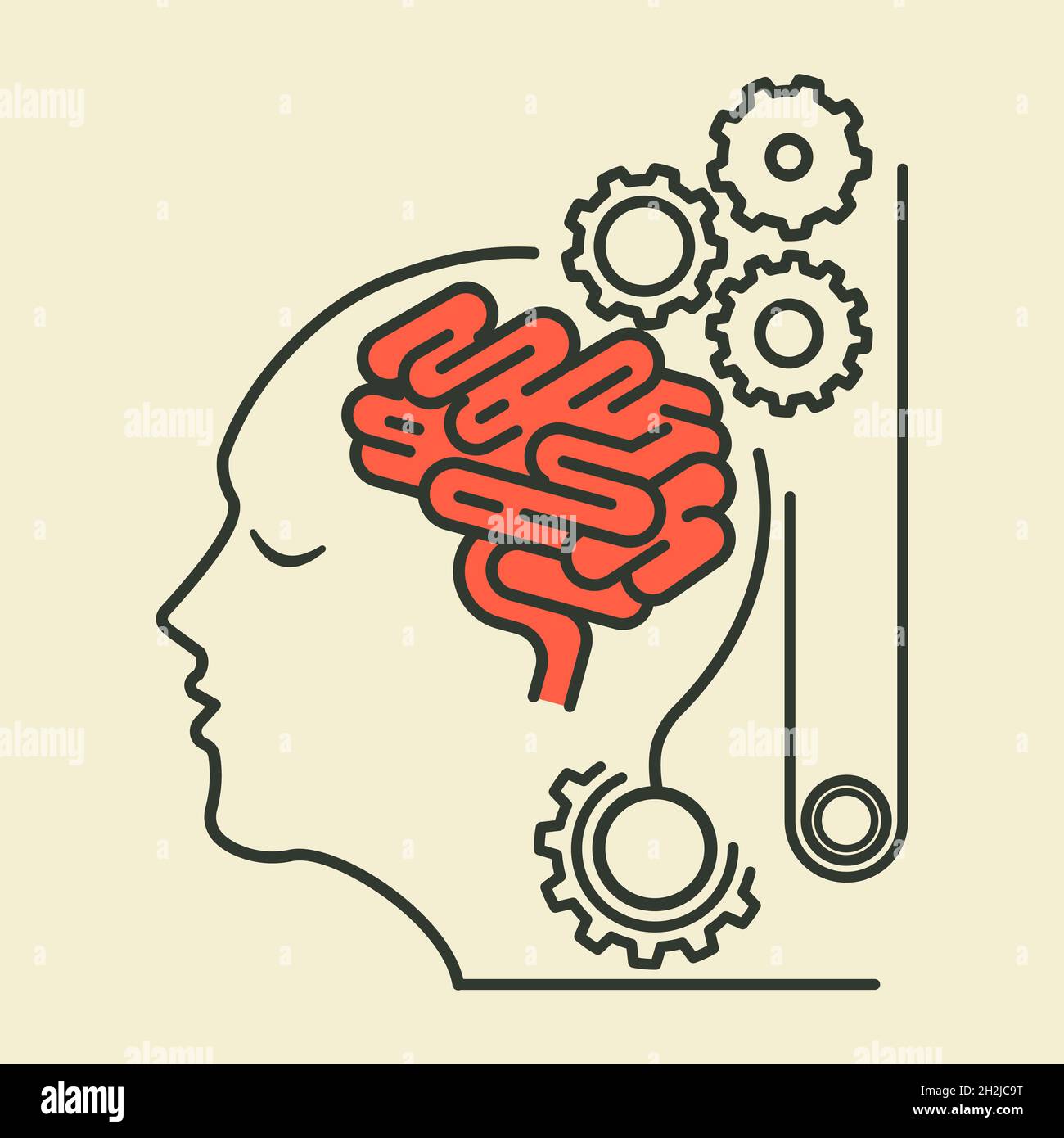Menschlicher Kopf mit geschlossenen Augen und Gehirn verbunden mit mechanischen Zahnrädern. Hirnforschung, neurowissenschaftliches Konzept. Skizzieren Sie die flache Darstellung. Isoliert. Stock Vektor