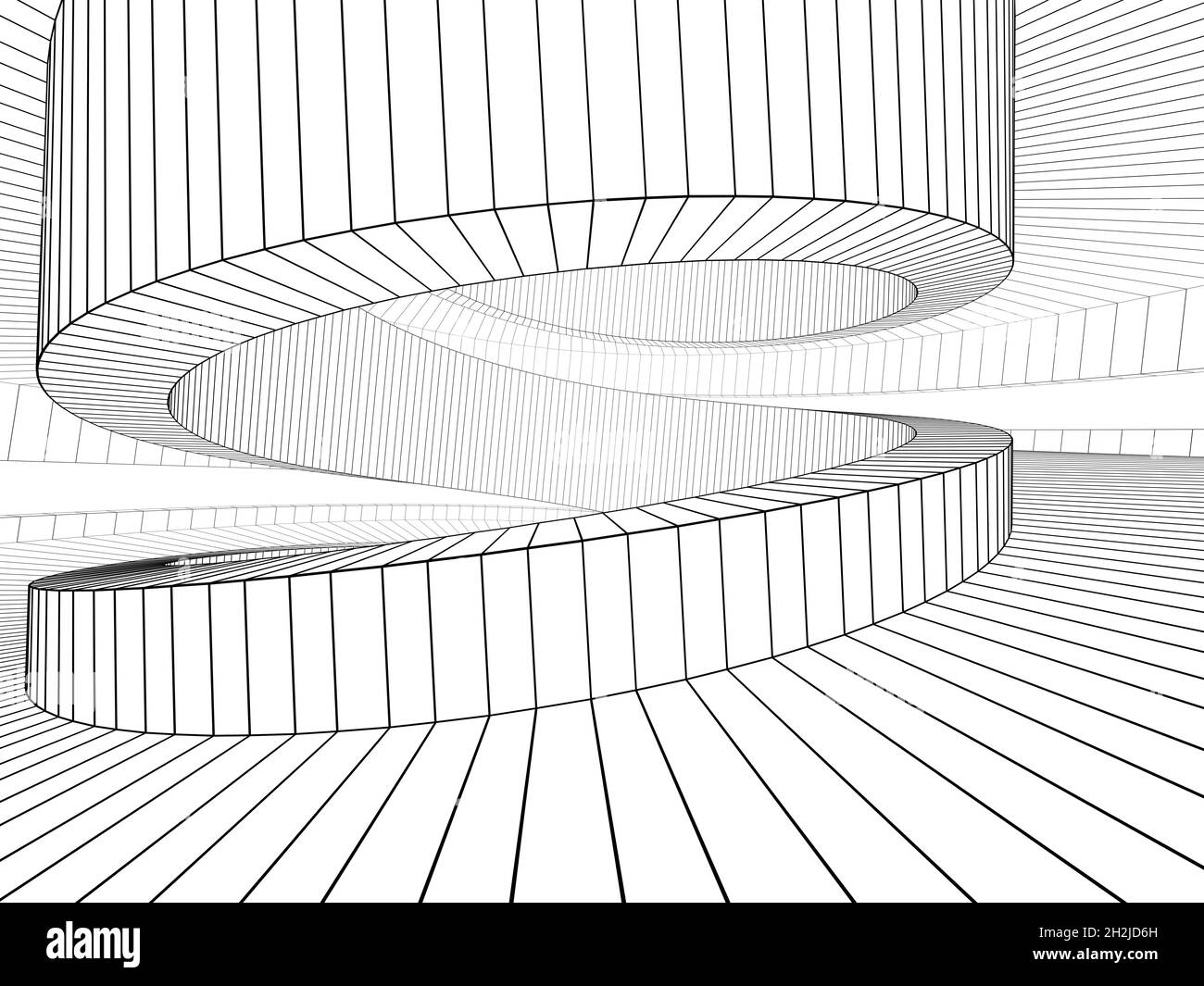 Schwarzes Drahtrahmen-Spiralinnenmodell über weißem 3D-Rendering-Bild Stockfoto
