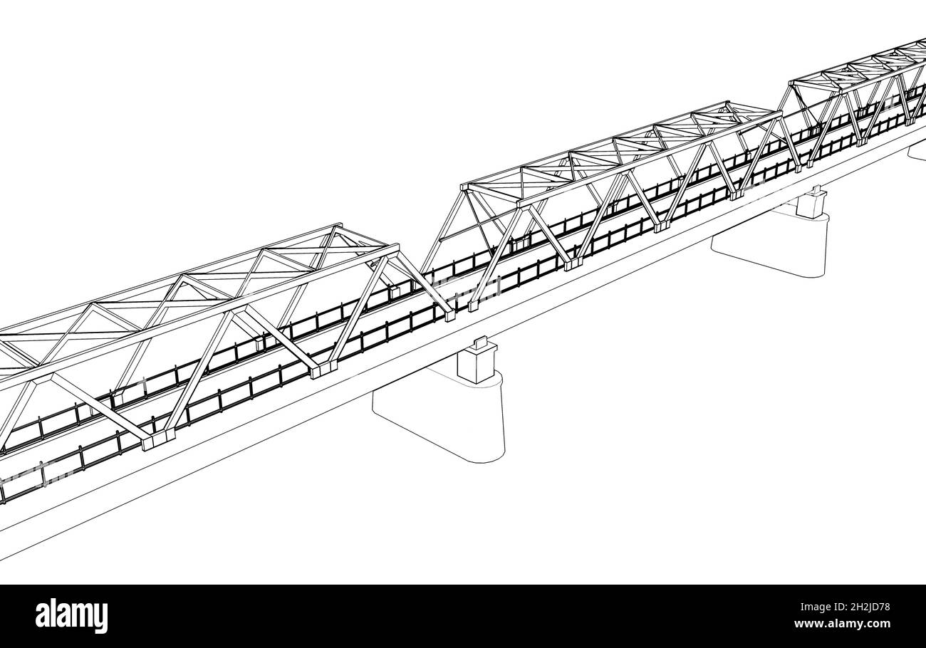 Trassbrücke Umriss Rahmenmodell isoliert auf weißem Hintergrund, 3d-Rendering-Illustration Stockfoto