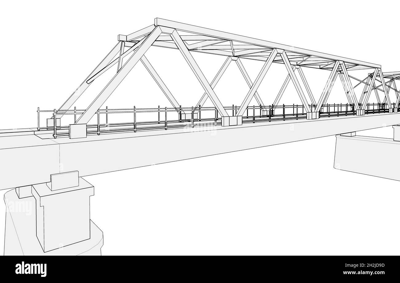 Modell mit Traversenbrücke. Skizzieren Sie das graue Modell auf weißem Hintergrund, 3D-Darstellung Stockfoto