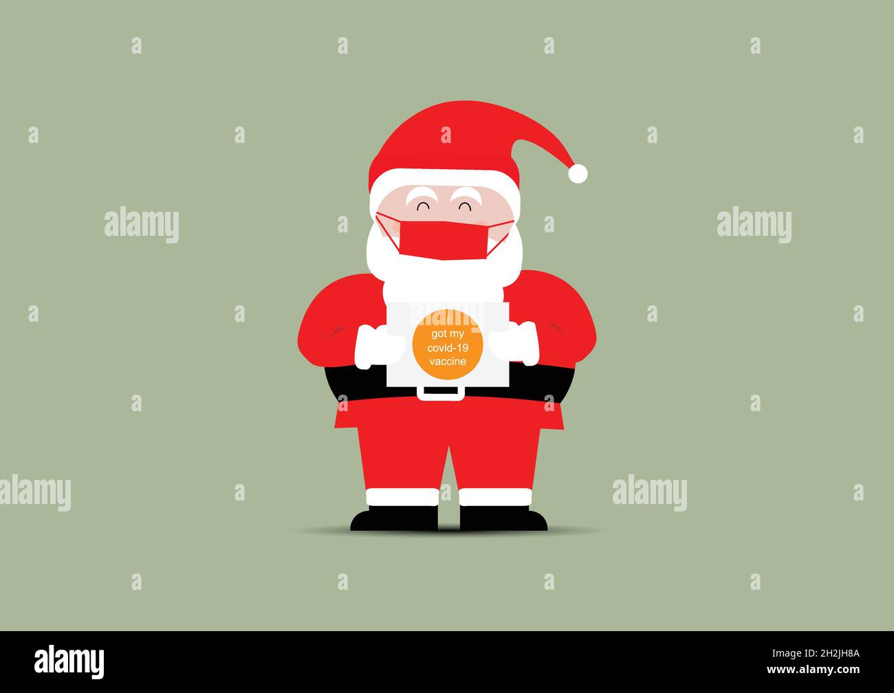 Frohe Weihnachten. Der glückliche Weihnachtsmann trägt eine Gesichtsmaske, auf der ein Plakat mit dem Titel „Ich habe meinen Covid-19-Impfstoff“ zu sehen ist. Stock Vektor