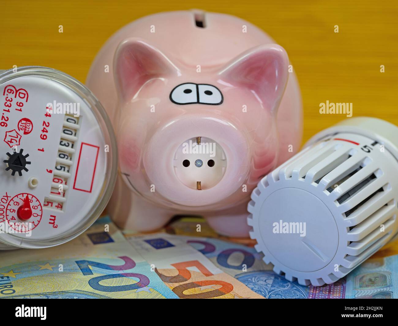 Sparschwein mit Steckdose, Thermostat und Wasserzähler Stockfoto