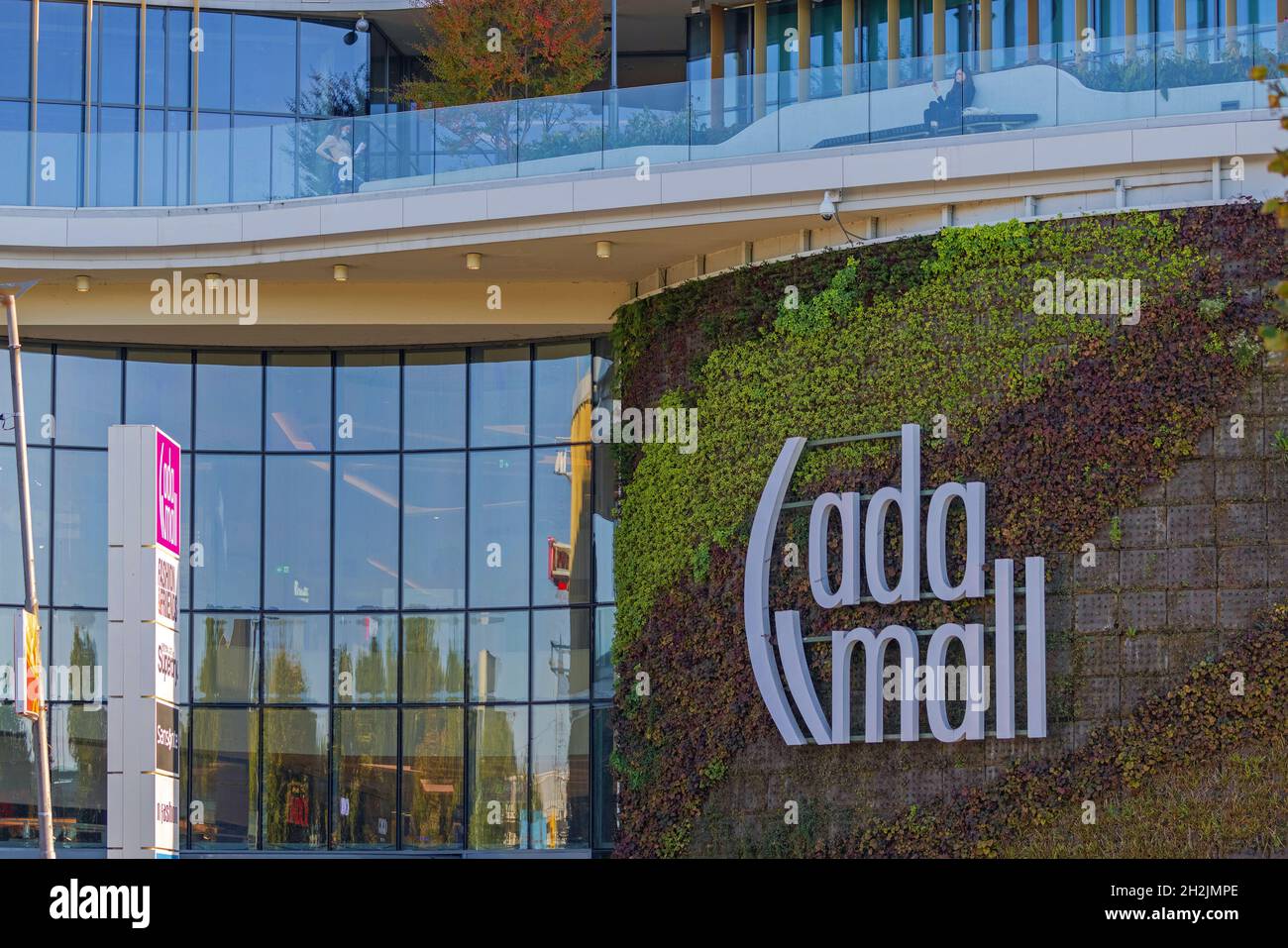 Belgrad, Serbien - 04. Oktober 2021: Vertikale Pflanzenwand im Einkaufszentrum Ada Mall. Stockfoto