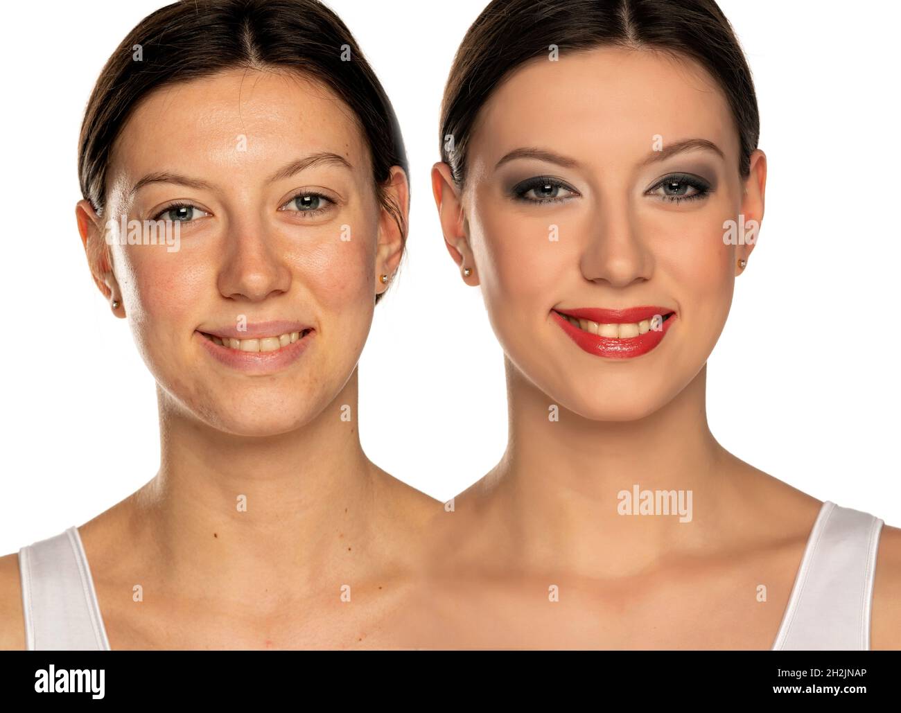 Vergleichsporträt einer Frau ohne und mit Make-up auf weißem Hintergrund Stockfoto
