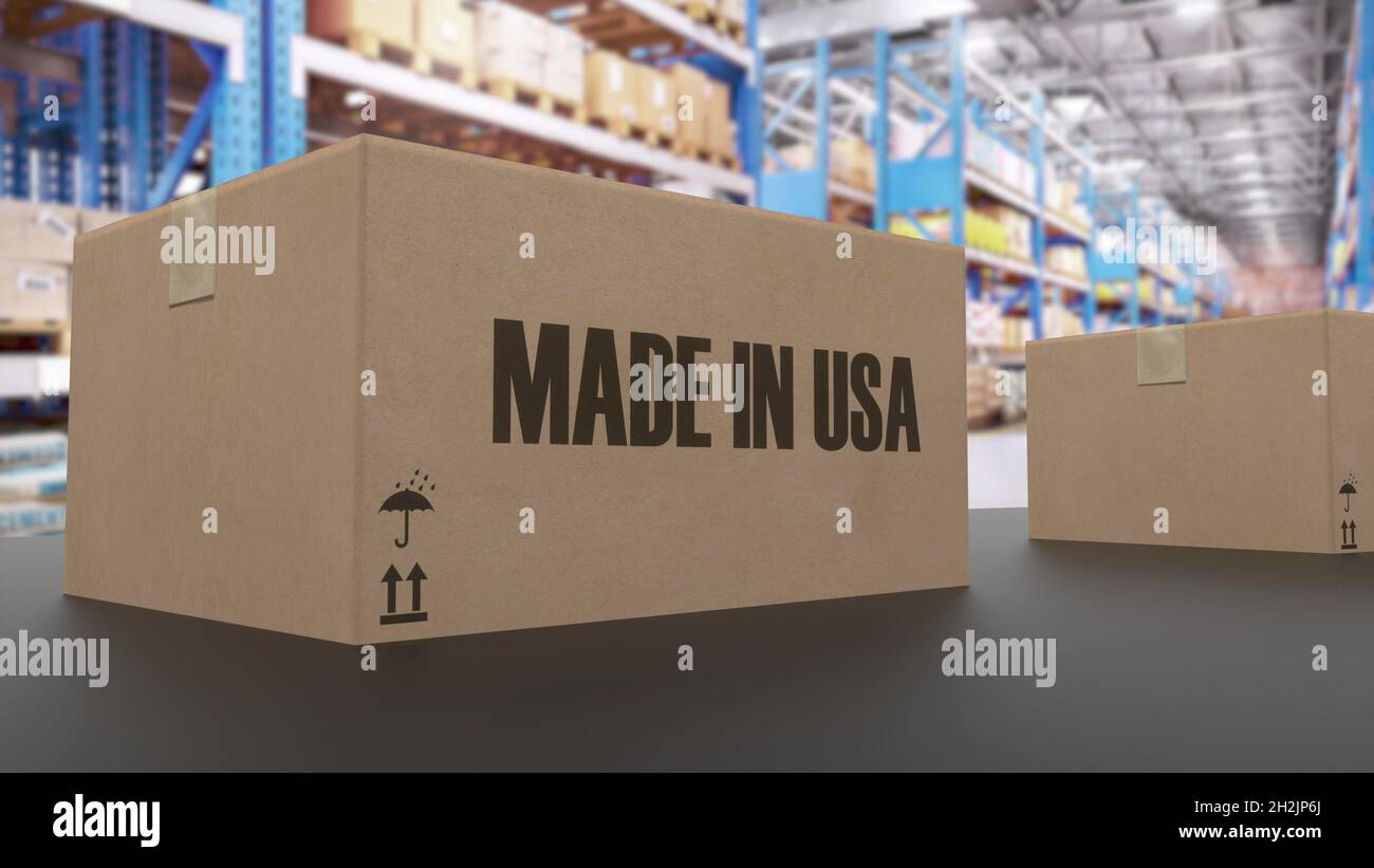 Boxen mit MADE IN USA Text auf Band. Mit amerikanischen Waren verbunden. 3D Rendern Stockfoto