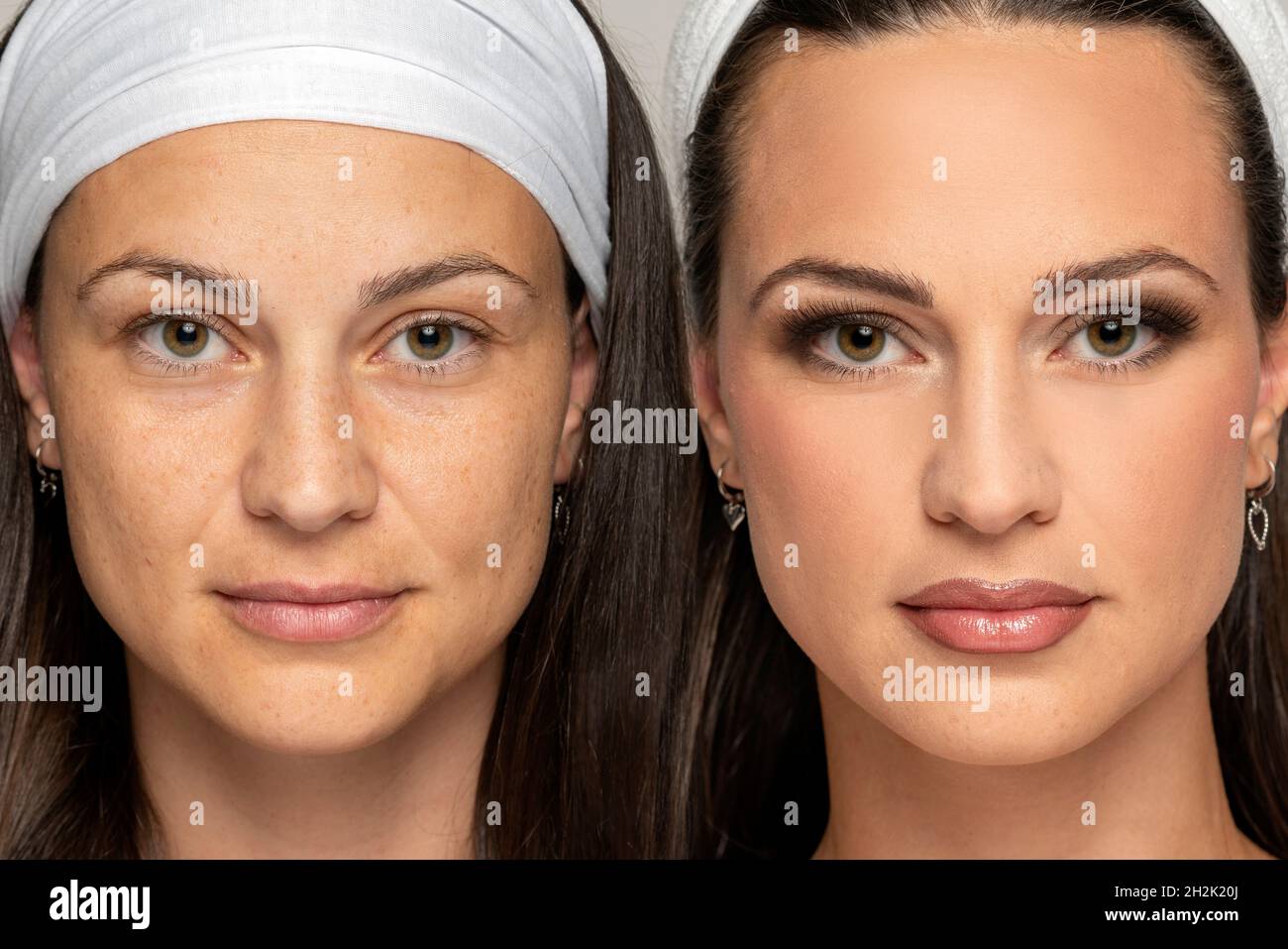 Vergleichsporträt einer Frau ohne und mit Make-up auf grauem Hintergrund Stockfoto