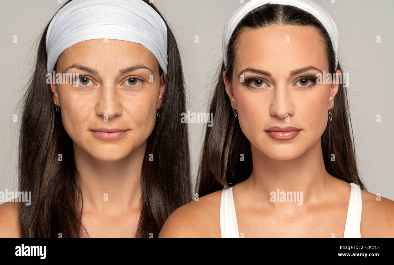 Vergleichsporträt einer Frau ohne und mit Make-up auf grauem Hintergrund Stockfoto