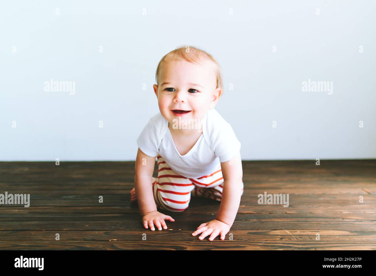 Ein kleiner Junge kriecht vor einer weißen Wand über einen dunklen Holzboden Stockfoto