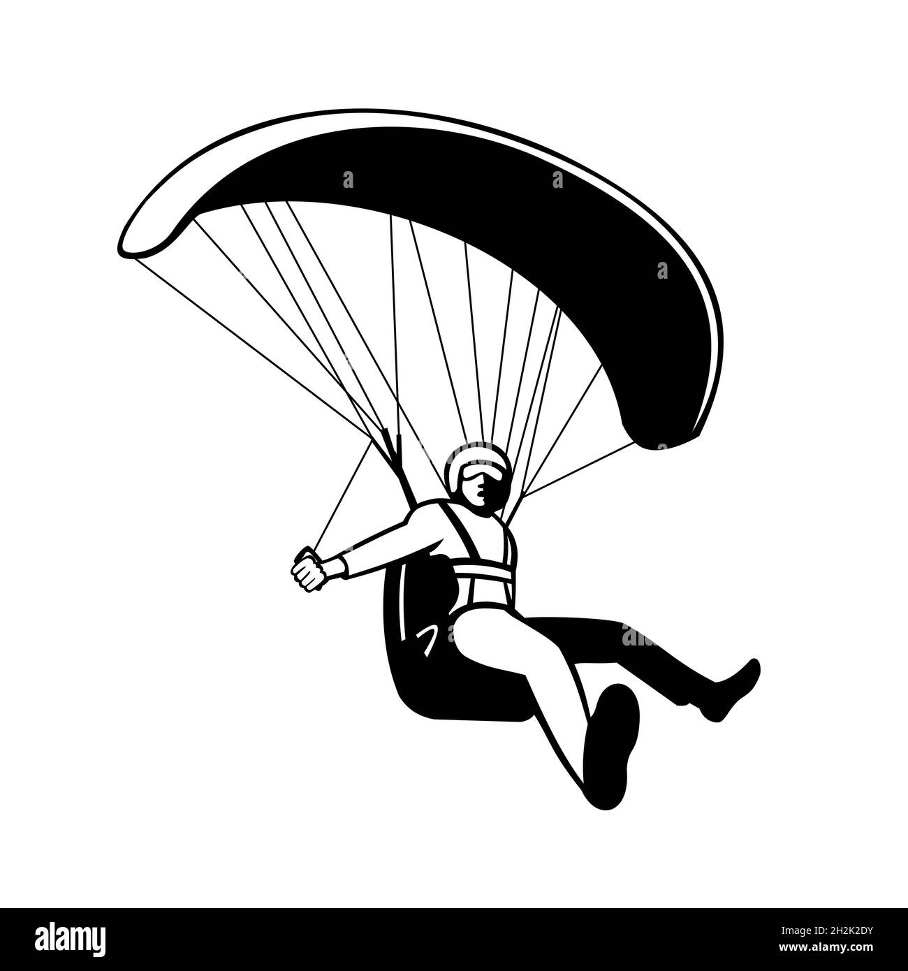 Pilot Fliegen Gleitschirm Gleitschirm Maskottchen Schwarz und Weiß Retro Stockfoto