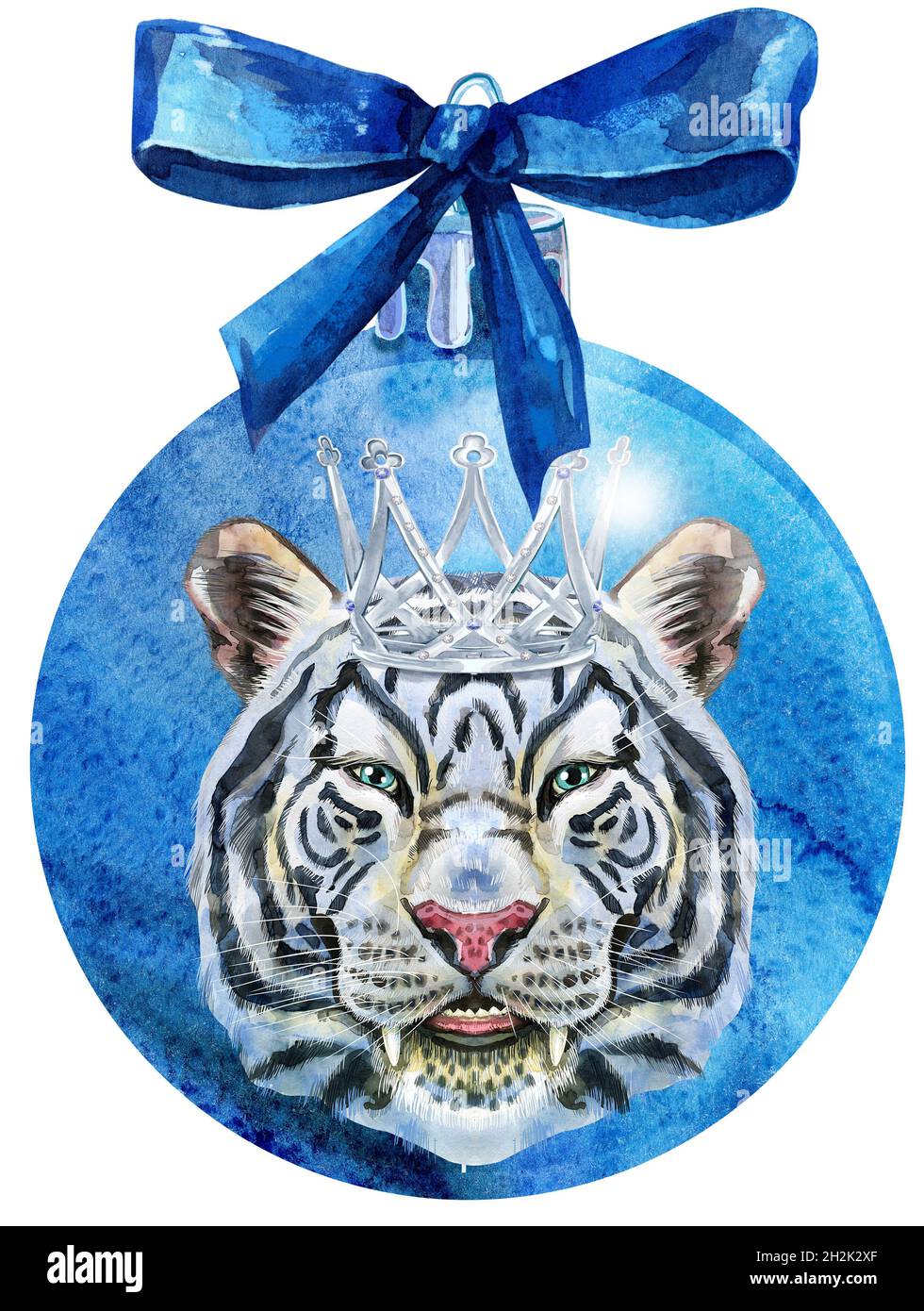 Aquarell Weihnachtsblau Ball mit Bogen und Tiger isoliert auf weißem Hintergrund. Stockfoto