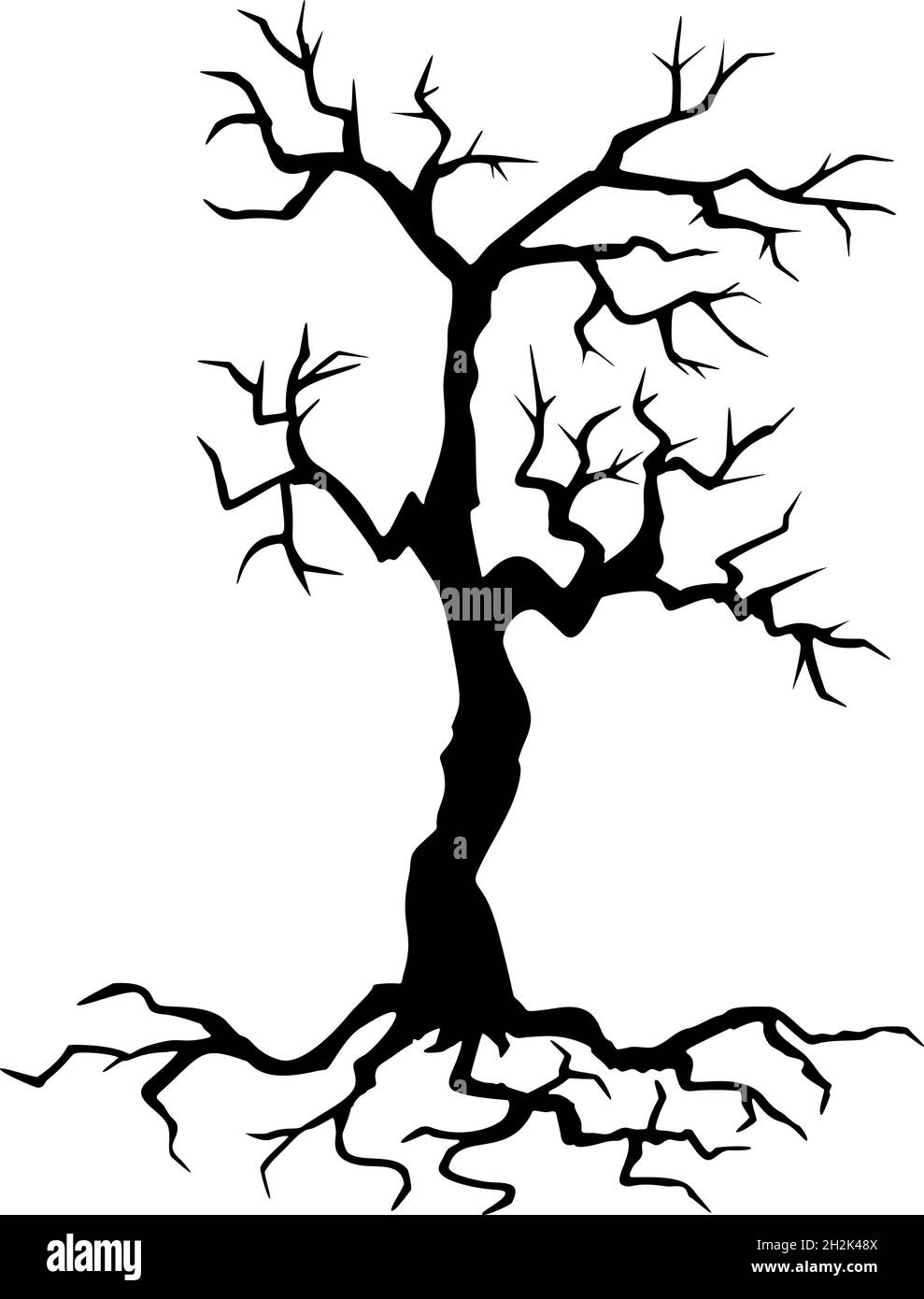 Schwarze Silhouette eines knarrigen trockenen Baumes auf weißem Hintergrund. Stock Vektor