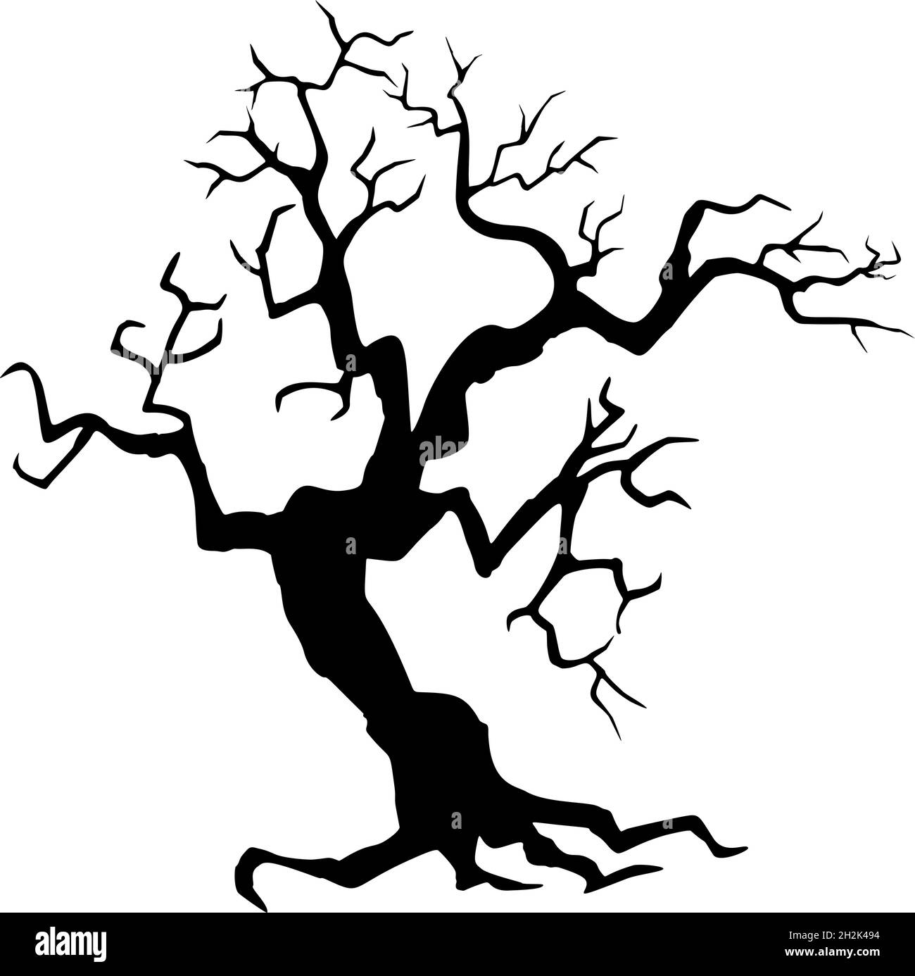 Schwarze Silhouette eines knarrigen trockenen Baumes auf weißem Hintergrund. Stock Vektor