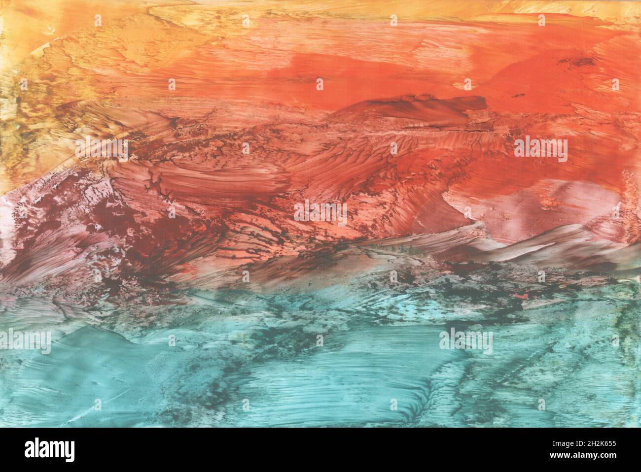 Fantastische Meereslandschaft. Meer und Sonnenuntergang. Enkaustik Wachs Kunst Handzeichnung. Schöne Illustration, wachsartige Hintergrund Stockfoto