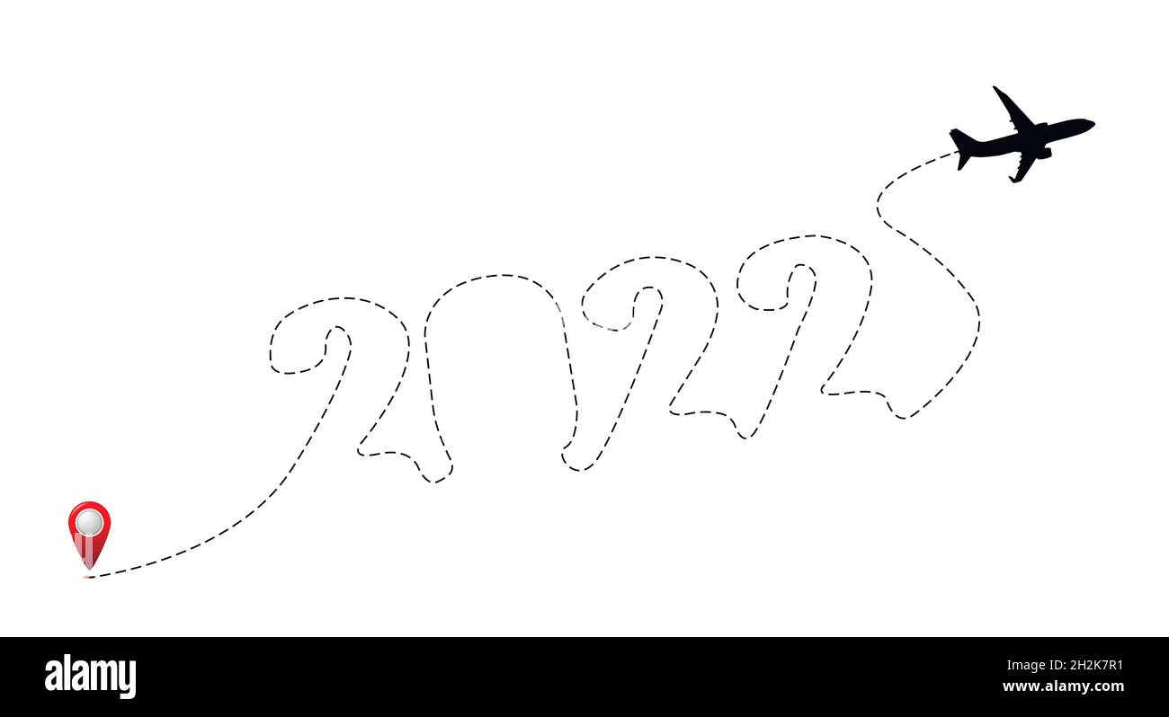 Flugzeug 2022 gepunkteter Pfad, Flugverfolgung. Flache Vektorgrafik. Stock Vektor