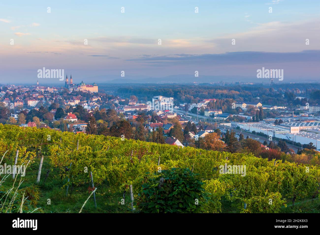 Klosterneuburg: Klosterneuburg Kloster, Weinberg, Morgenlicht in Wienerwald, Wienerwald, Niederösterreich, Niederösterreich, Österreich Stockfoto