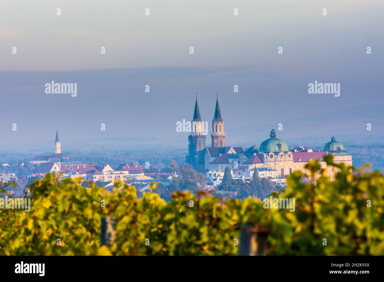 Klosterneuburg: Klosterneuburg Kloster, Weinberg, Morgenlicht in Wienerwald, Wienerwald, Niederösterreich, Niederösterreich, Österreich Stockfoto