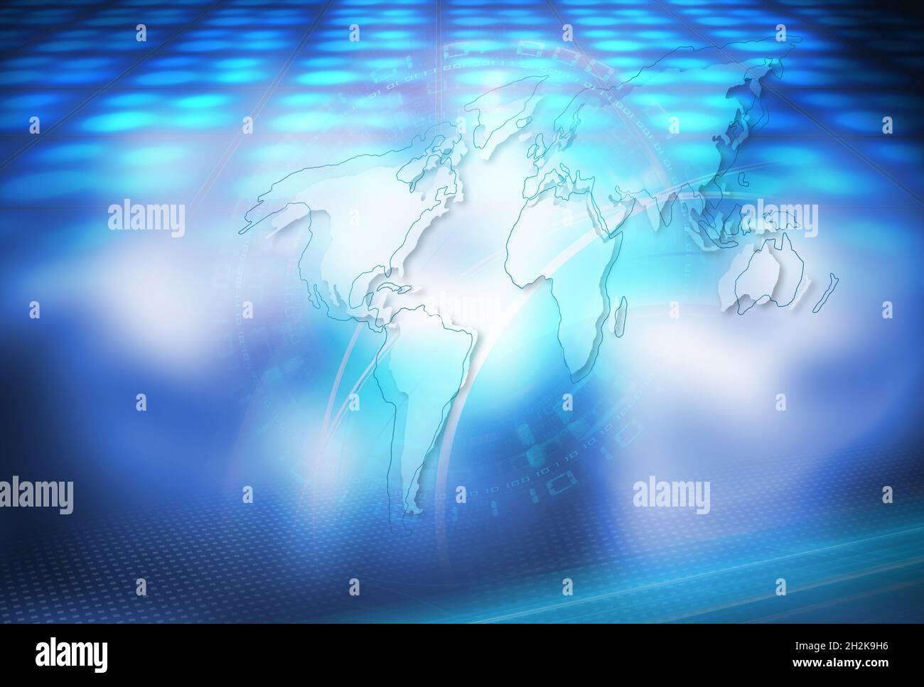 3d-Rendering von High-Tech-News-Studio-Hintergrund mit Binärcodes und einer Weltkarte Stockfoto