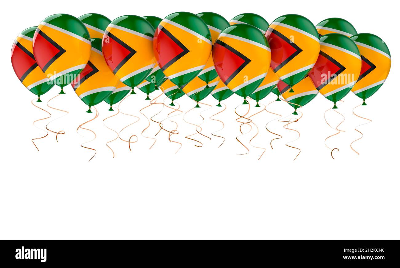 Luftballons mit guyanischer Flagge, 3D-Darstellung isoliert auf weißem Hintergrund Stockfoto