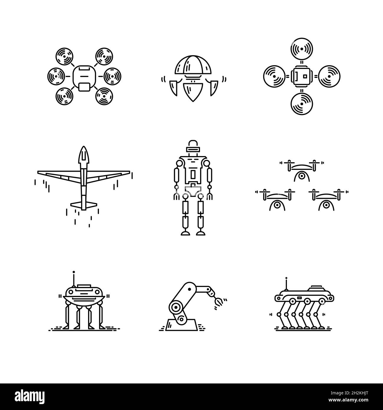 Dünne Linien Symbole Satz von High-Tech. Künstlicher intelligenter Roboter, Quadcopter, Drohne, Flugzeug und Manipulator. Stock Vektor