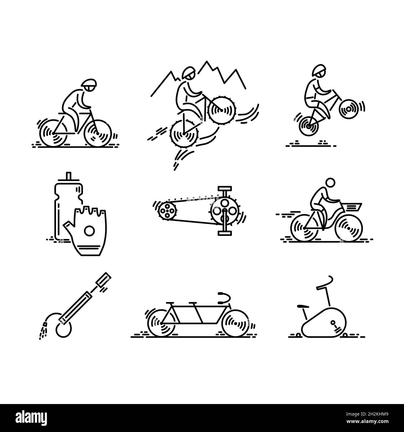 Fahrrad. Symbolvektor für Fahrradtypen. Radlauf eingestellt. Symbole mit dünnen Linien Stock Vektor