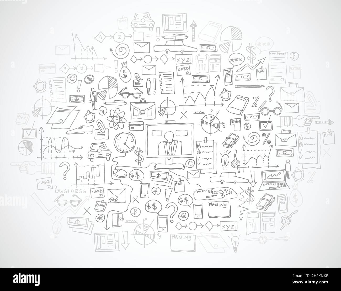 Hand zeichnen Doodle Elemente Bank Business Finance Analytics Gewinne. Stock Vektor