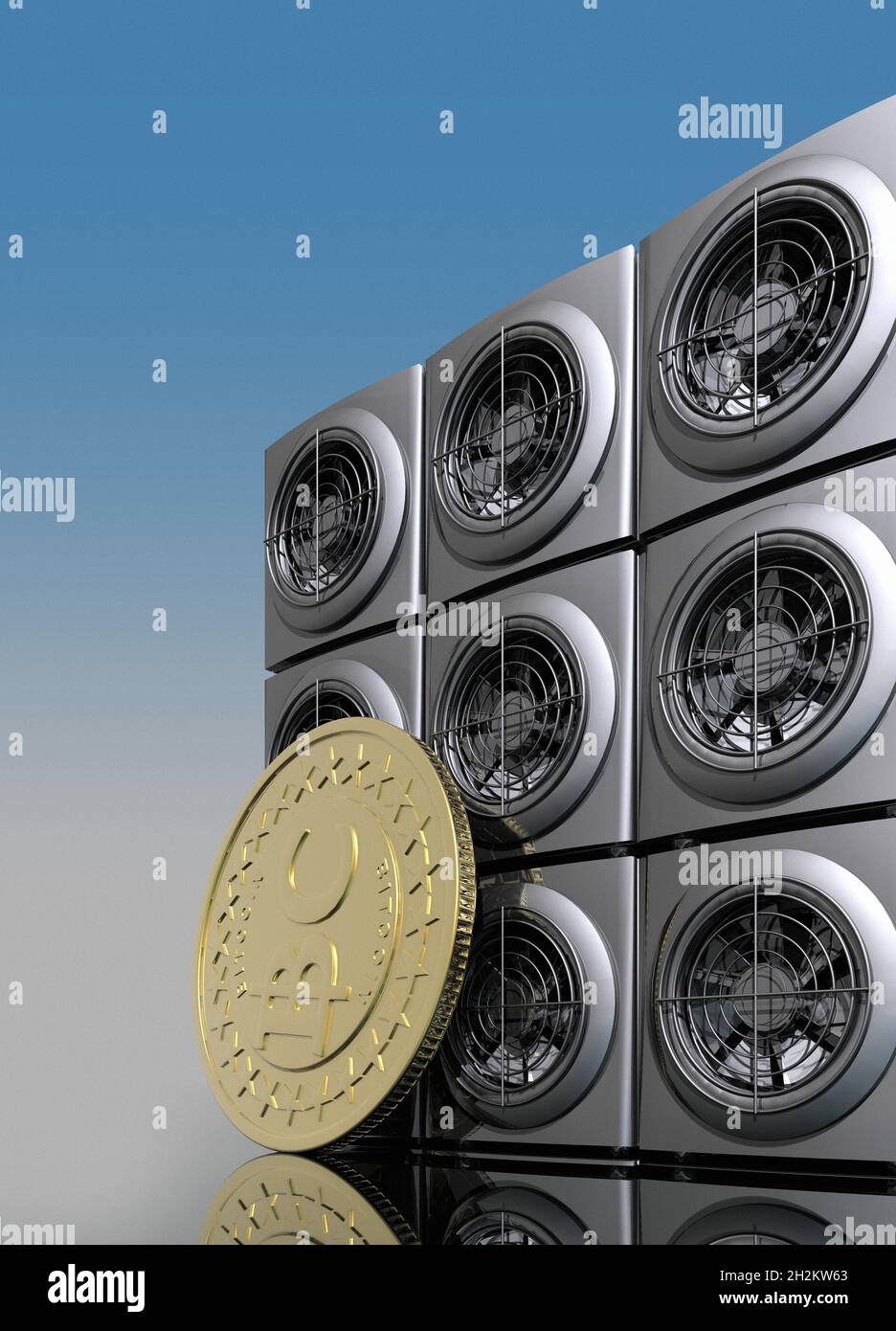 Bitcoin und Bergbaumaschine, konzeptionelle Illustration Stockfoto