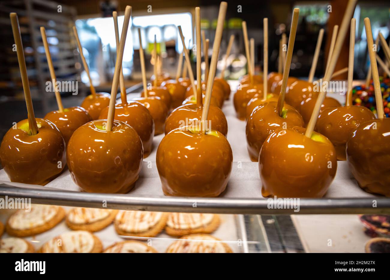 Eine Gruppe frisch gekochter Karamelläpfel auf einem Tablett in einer Bäckerei. Stockfoto