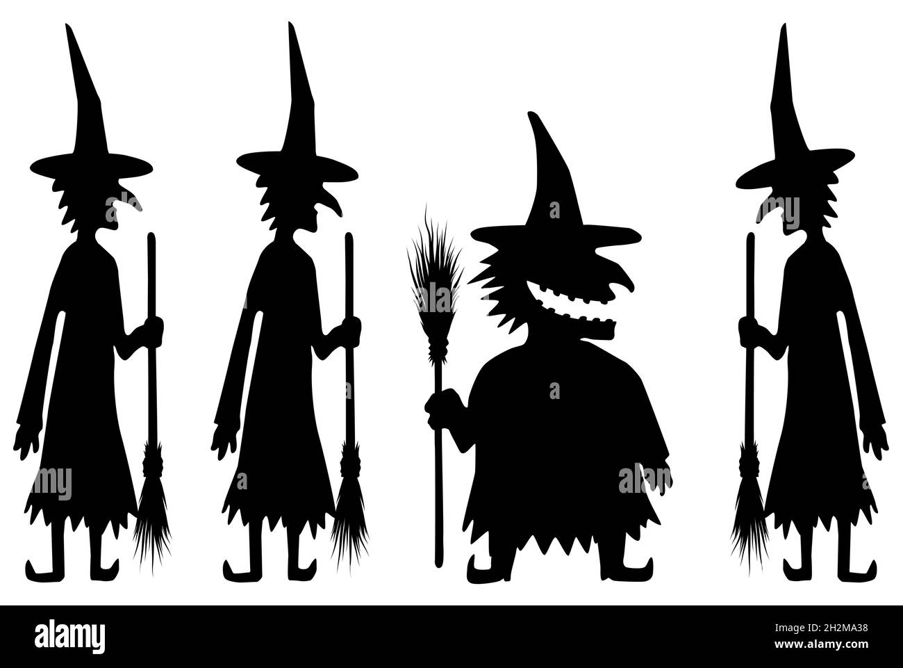 Hexe mit Broomstick Figuren Silhouette, ein Fett zwischen dünnen, Schablone schwarz, Vektor-Illustration, horizontal, über weiß, Isoliert Stock Vektor