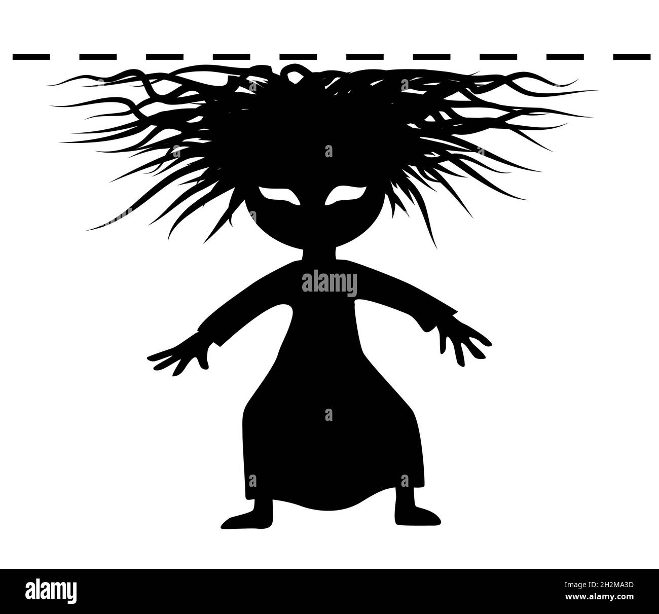 Frisur Frau schlechte Haare Figur Silhouette lustig Cartoon schwarz, treffen unsichtbare Deckenbarriere, Vektor-Illustration, horizontal, über weiß, Isolat Stock Vektor