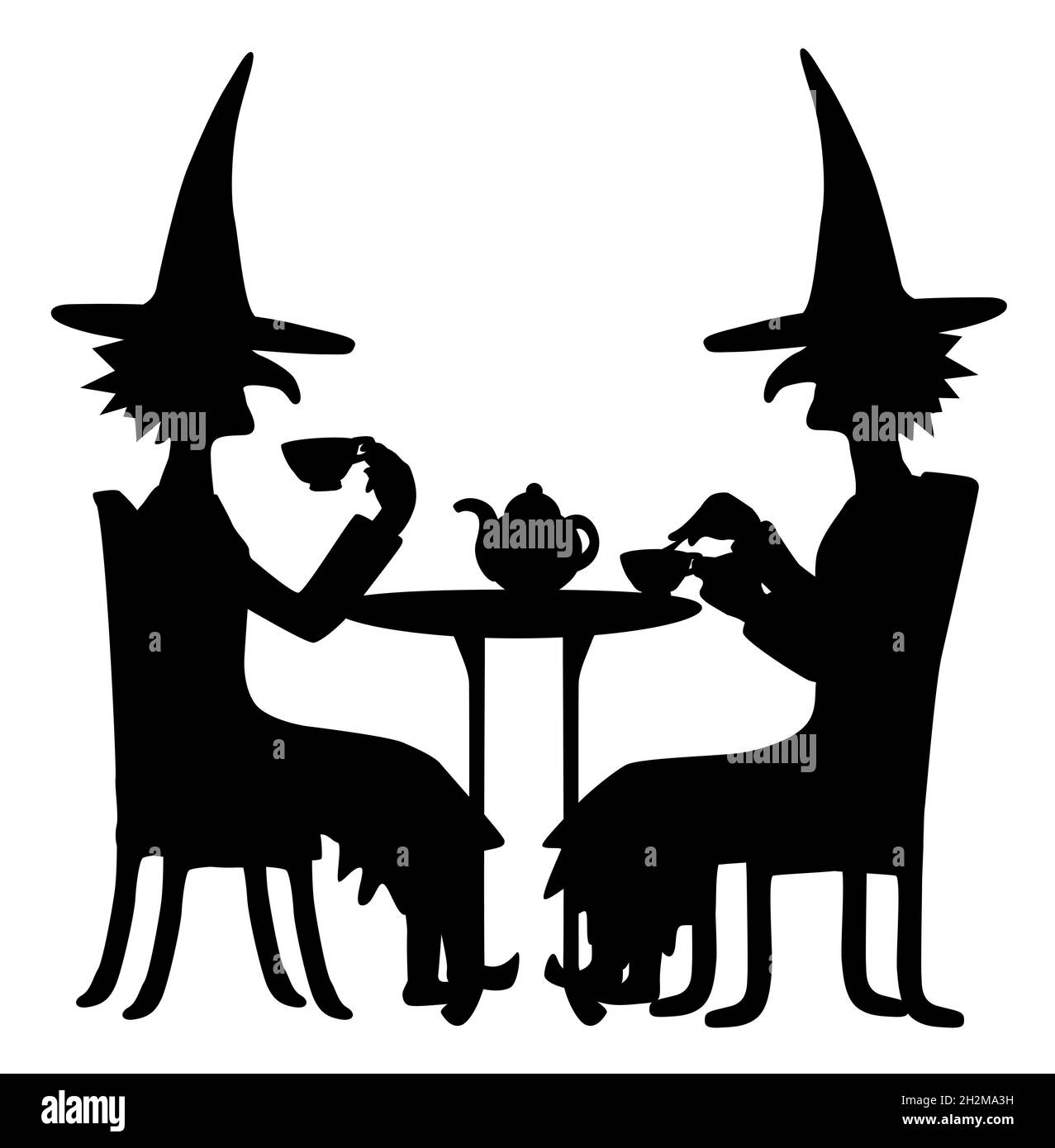 Hexen trinken Tee am Tisch friedlich Figur Silhouette Schablone schwarz, Vektor-Illustration, vertikal, über weiß, isoliert Stock Vektor