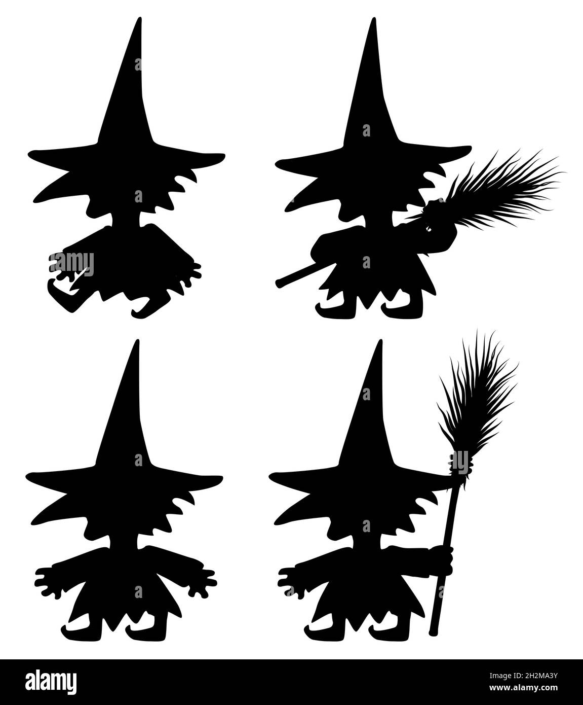 Hexe kurze Höhe mit Broomstick Figur Silhouette Schablone schwarze Zeichen Pose Set, Vektor-Illustration, vertikal, über weiß, isoliert Stock Vektor