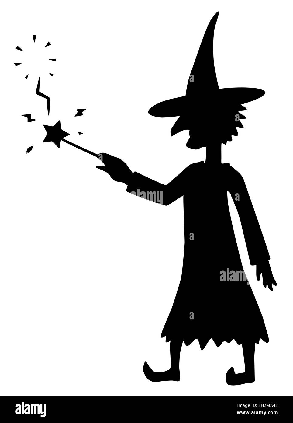 Witch Zauberstab Trick Ausfall sizzle Figur Silhouette Schablone schwarz, Vektor-Illustration, vertikal, über weiß, isoliert Stock Vektor
