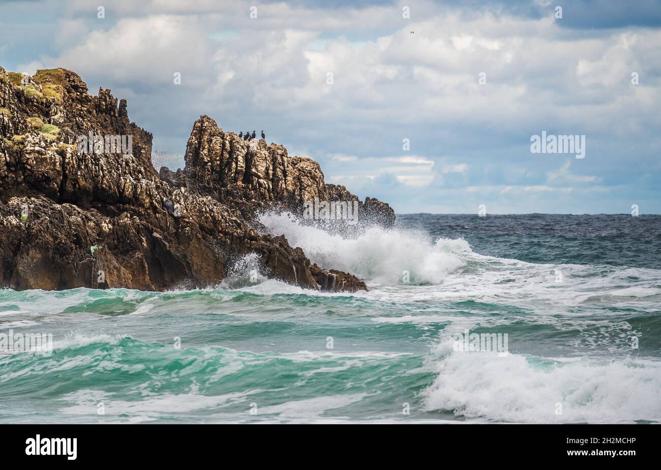 Meereswasser planschen am Felsenstrand mit zerklüfteten Klippen, wirbelndem Meer und Wolken. Im Winter plätschert die Meereswelle auf Stein an der Küste Stockfoto