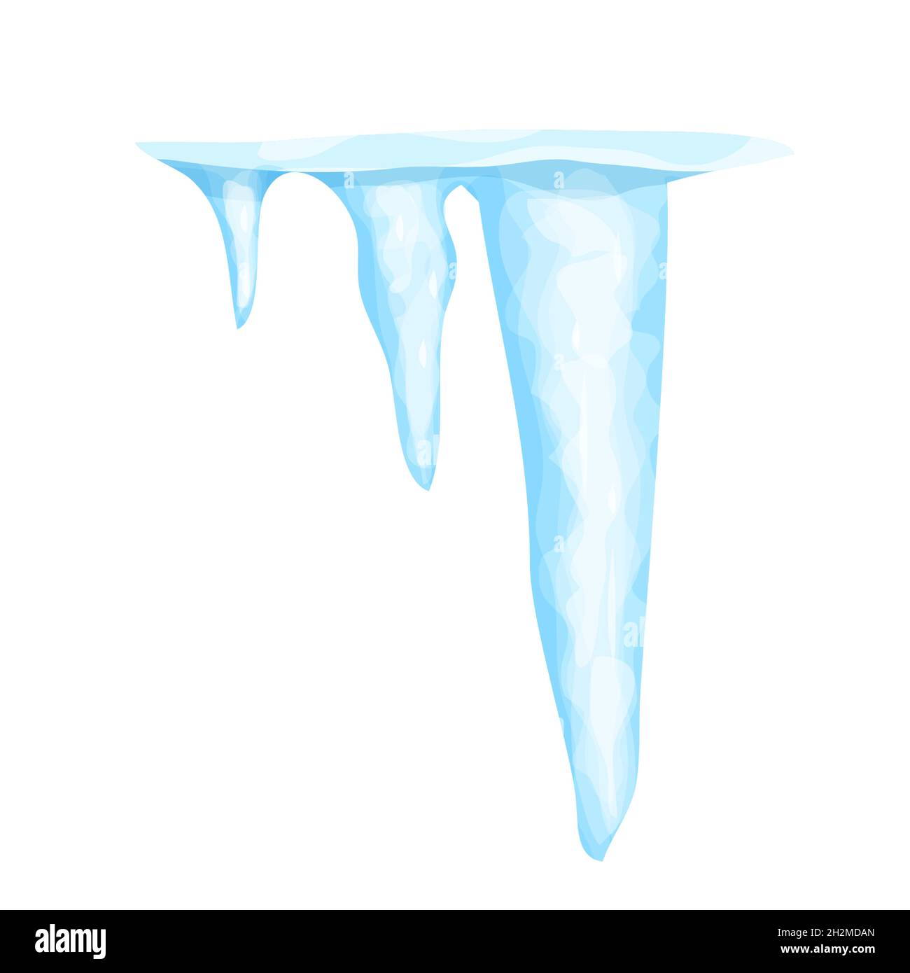 Eiszapfen mit Schnee-Winterdekoration, gefrorenes Wasser in Cartoon-Stil isoliert auf weißem Hintergrund. Eiskristalle, hängendes Element. Strukturiert, glänzend. Vektorgrafik Stock Vektor