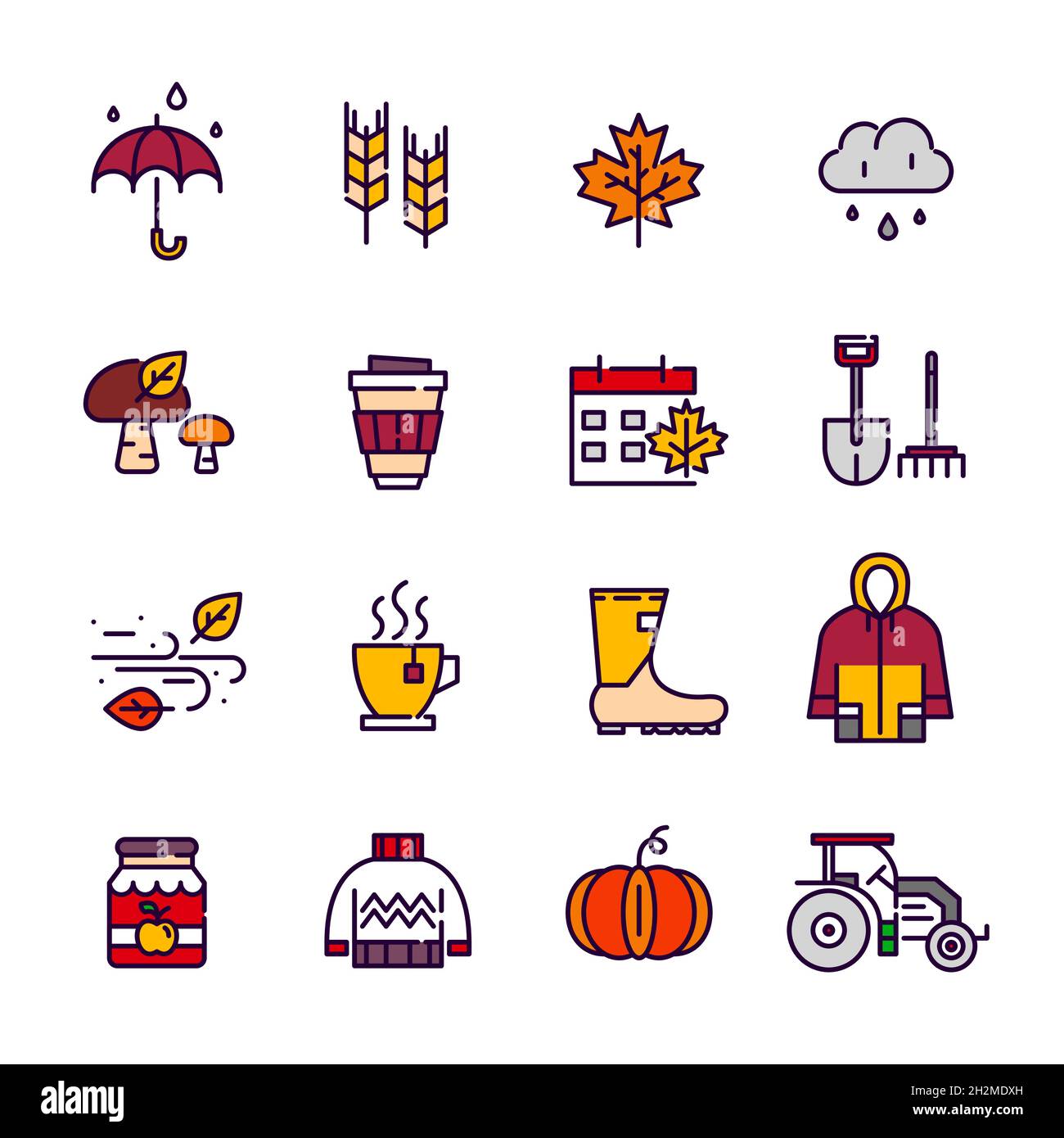 Symbole für die Herbstsaison. Regnerisches Wetter, Herbstlaub, Ernte und warmer Pullover. Pixelgenaue, bearbeitbare Kontur Stock Vektor