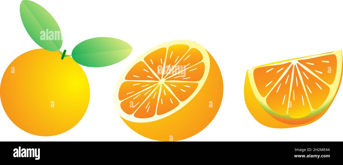 Set von isolierten farbigen Orange mit Blättern, Hälfte, Scheibe, Kreis und ganze saftige Frucht auf weißem Hintergrund. Realistische 3d Vektor Zitrussammlung. Stock Vektor