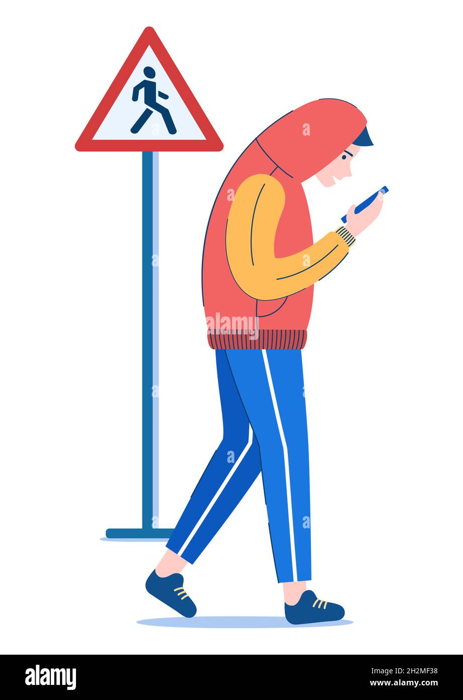 Mann überquert Straße mit Smartphone an der falschen Stelle, unter kein Verkehrsschild. Fußgängerschutz, Verkehrsregeln - isolierte Abbildung auf weißem Hintergrund Stock Vektor