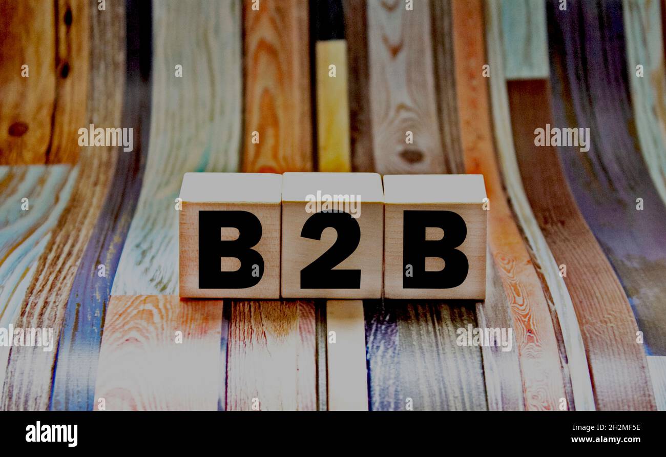 Akronym B2B – Business to Business. Holzwürfel mit Buchstaben isoliert auf farbigem Hintergrund. Image des Geschäftskonzepts. Stockfoto