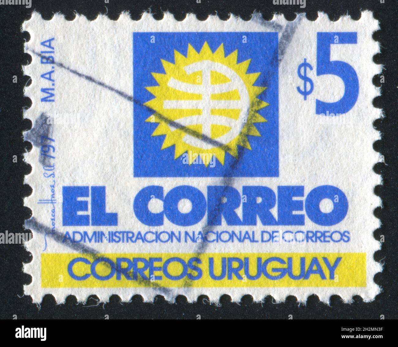 URUGUAY - UM 1993: Briefmarke gedruckt von Uruguay, zeigt stilisierte Sonne, um 1993 Stockfoto
